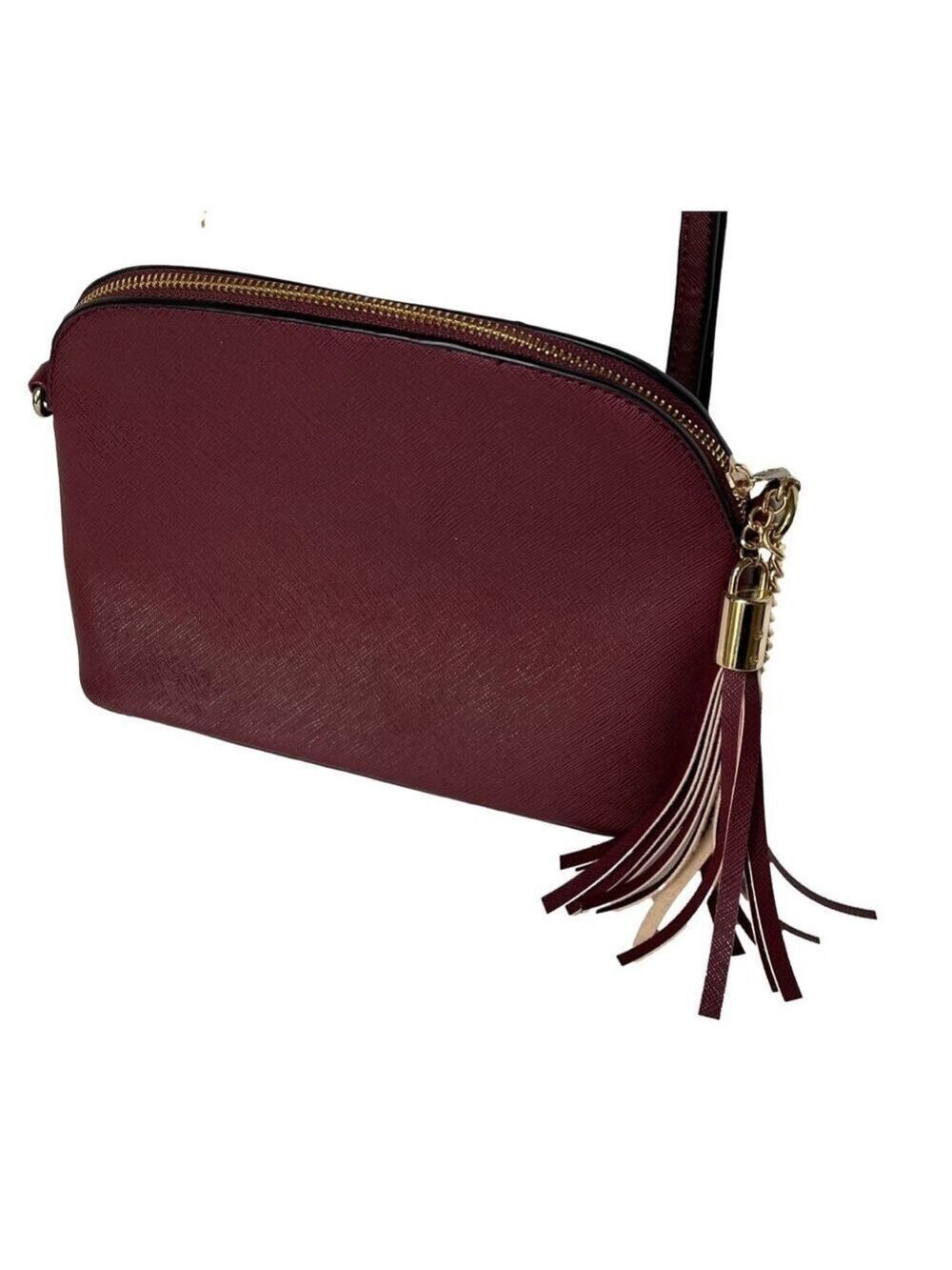 Women's Burgundy Crossbody Bag Small Dome Zip Tassel, Gold Tone Chain & Hardware